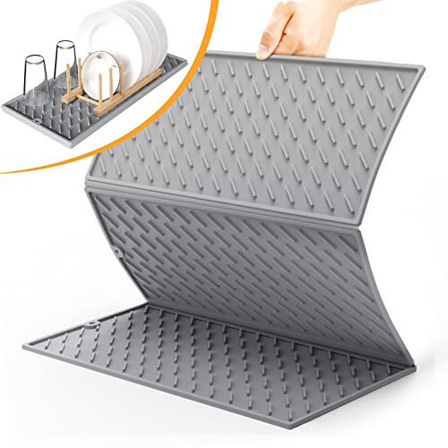 SOSMAR Silicone Drying Mat, 24” x 16”, Dish Drying Mat, Trifold Large Dish Drainer Mat for Kitchen Counter, Heat Resistant Hot Pot Holder, Non-Slip Silicone Sink Mat, BPA Free, Dish Washer Safe, Gray