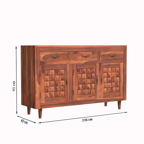 Image of Solid Sheesham Wood Sideboard Cabinet Storage with 3 Door & 3 Drawer Wooden Storage Organizer Cabinet for Home Kitchen Living Room Bedroom Hallway Dinning | Natural Honey Finish | Pre-Assembled