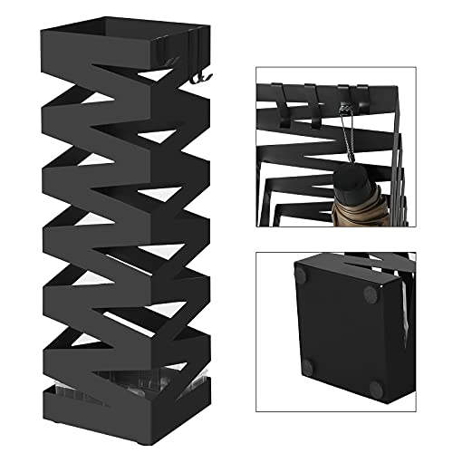 SONGMICS Paragüero, Soporte Cuadrado de Paraguas, con 4 Ganchos y una Bandeja de Goteo Extraíble, 15,5 x 15,5 x 49 cm, Negro LUC16B
