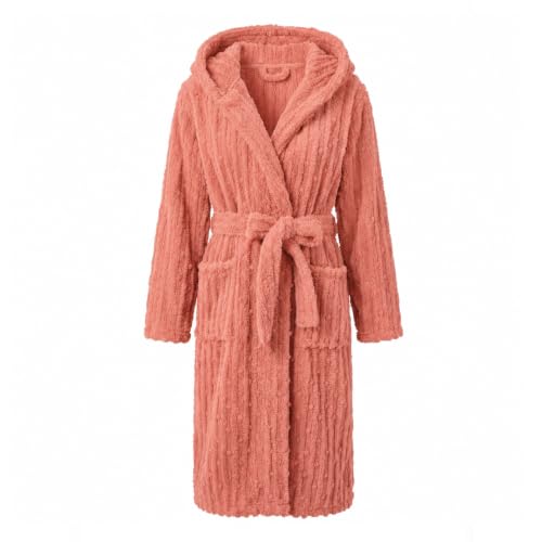 Image of HEARTNICE Women Fuzzy Soft Long Hooded Warm Robes | Lightweight Fluffy Bathrobes, Yellow Plush Robe, Cute Pom-Pom Vertical Striped Jacquard Details