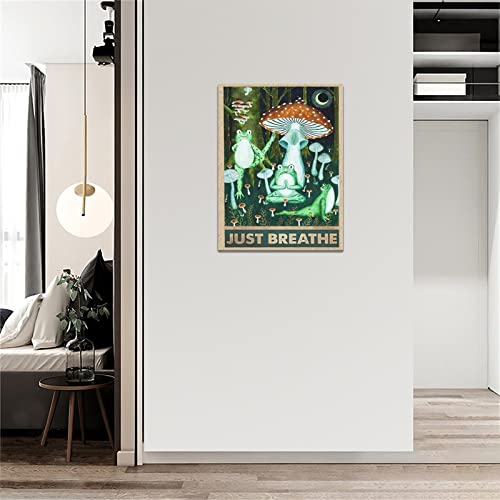 Funny Frog Wall Decor Vintage Frog Mushroom Pictures Wall Art Country Forest Night Painting Just Breathe Canvas Print Framed Home Artwork For Bathroom Bedroom Kitchen Office 12"X16" #TOP3