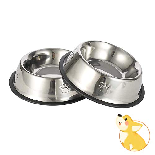 JINYJIA Comedero para Perro de Acero Inoxidable, Comedero y Bebedero Perro Antideslizante, Platos Gatos Mascotas, para Mascotas Peque�as y Medianas(2 Unidades, 22cm)