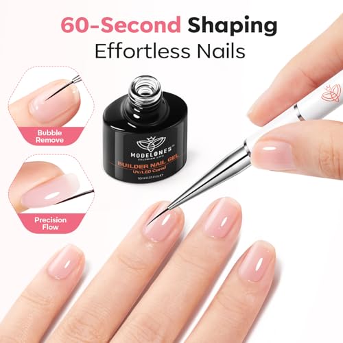 Image of modelones Builder Nail Gel, Clear Builder Nail Polish 7-in-One with Detachable Liner Nail Brush LED Lamp Cured Strengthener Color Rubber Base Coat for Apex Building Extension Thickening 10ml