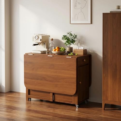 Extendable Drop Leaf Folding Dining Table with 2 Hidden Storage D...