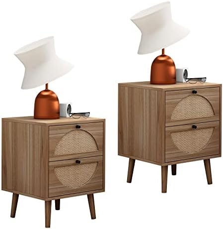 Rattan Nightstand Set of 2, Farmhouse End Table with Storage Drawers, Modern Accent Wooden Bedside Table for Bedroom Living Room (Walnut)