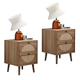 Rattan Nightstand Set of 2, Farmhouse End Table with Storage Drawers, Modern Accent Wooden Bedside T