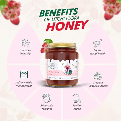 Image of Farm Naturelle Litchi Forest Flower Wild Honey 700gm + 75g Extra|100% Pure Honey | Raw & Unfiltered|Unprocessed|Lab Tested Honey In Glass Jar with Engraved Virgin Wooden Spoon