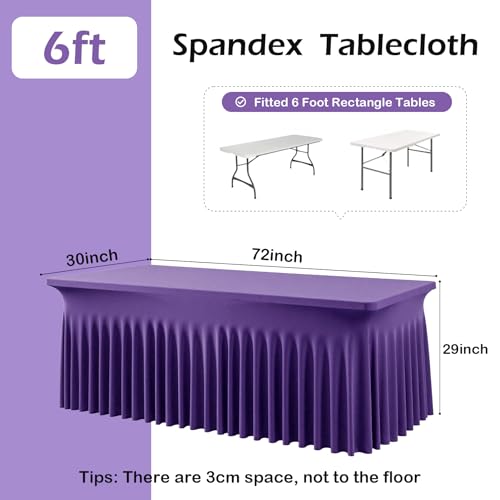 Image of NSSONBEN 2 pk Purple Spandex Tablecloth for 6 Foot Rectangle Tables,Wrinkle Free Fitted Spandex Table Covers 6ft Stretch Table Cloths with Ruffle Skirt for Parties Weddings Banquet Baby Shower