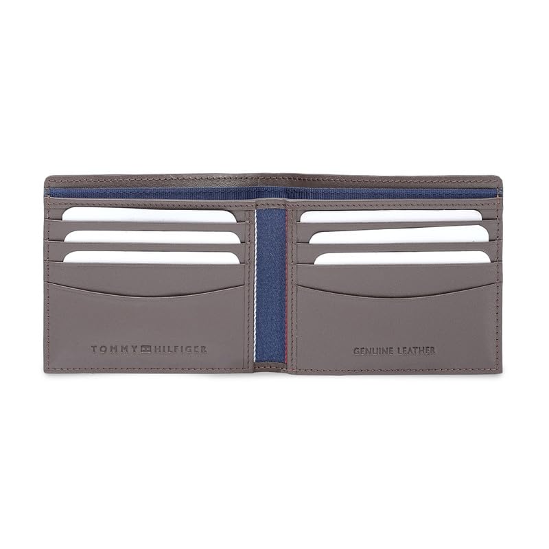 Image of Tommy Hilfiger Men's Leather Wallet Tavros | Brown Laser-Detailed Slimfold Bi-Fold with 8 Card Slots, Coin Pocket | Stylish Purse for Gents
