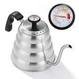 Hervidor de agua de cuello de cisne, 1 L, de acero inoxidable, hervidor de café con termómetro, jarra de café con caño largo para café de filtro, cafetera francesa, tetera (plata)