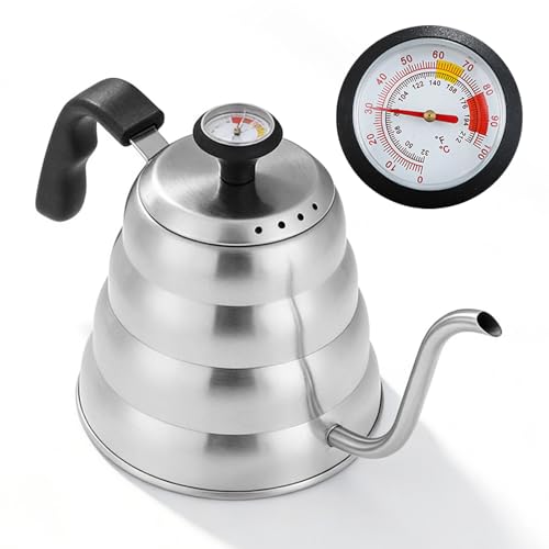 Bouilloire à Col de Cygne 1L, Gooseneck Kettle avce Thermomètre, Pour Over Coffee Kettle en Acier Inoxydable, Cafetière à Col de Cygne Poignée...
