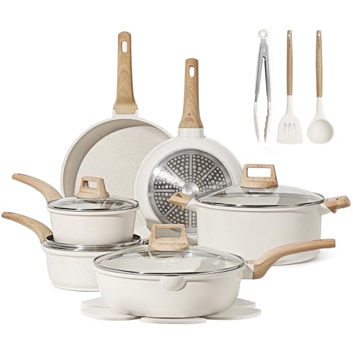 Image of CAROTE 16 Piece Pots and Pans Set Nonstick, White Granite Cookware Sets Induction Cookware, Non Stick Cooking Set w/Frying Pans & Saucepans (PFOS, PFOA Free)