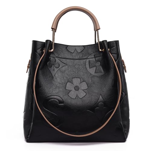 hibear Bolsa balde para mulheres, sacola floral em relevo, bolsa tiracolo vintage, grande, de couro vegano, Hobo, bolsa de ombro (preta)