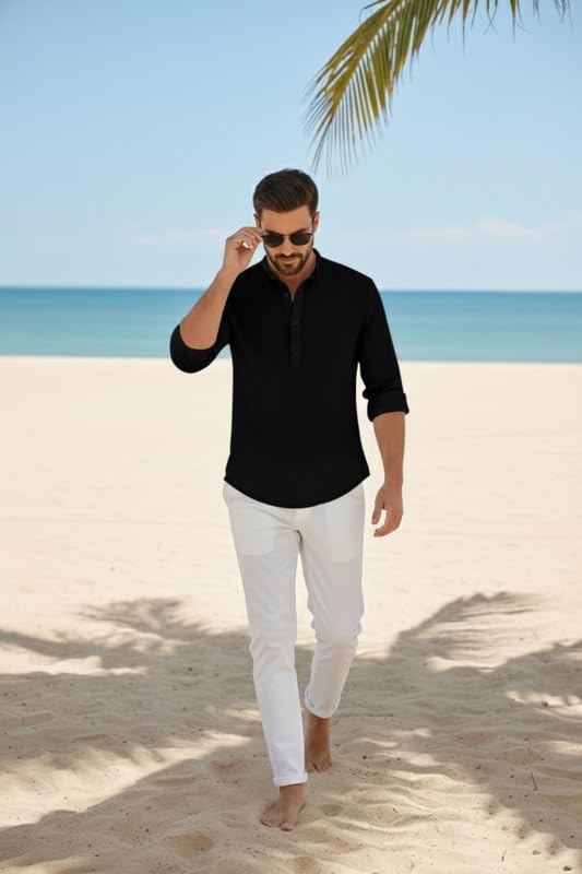 Image of Men's Cotton Blend Short Kurta with Collared Neck Full Sleeves Solid Pattern Western Style Regular Fit and Standard Length