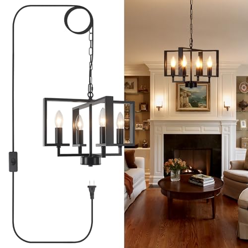 MEIJIA Plug in Chandelier, 4 Light Black Geometric Hanging Lights