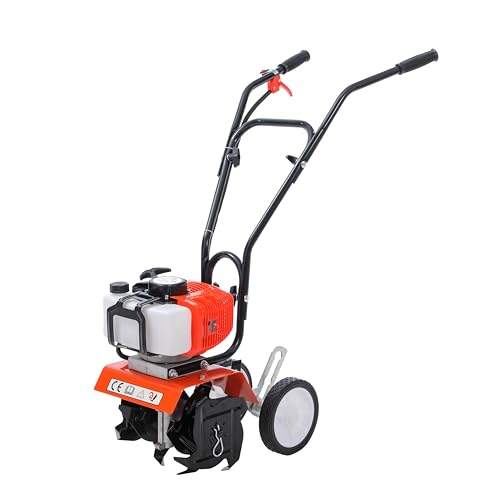 TOPWAY Petrol Engine Garden Tiller 52CC 2-Stroke Mini Lawn Soil Cultivator Rotovator and Rototiller, 25cm Working Width, for Ground Preparation,Model 653305