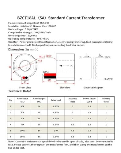 Transformateur de courant BZCT18AL 30A-5A pour mesure précise de courant AC