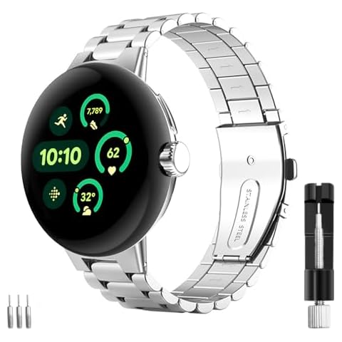 Aresh Compatible with Google Pixel Watch Band, Stainless Steel Adjustable Metal No Gap Band for Google Pixel Watch 2 Silver Cover