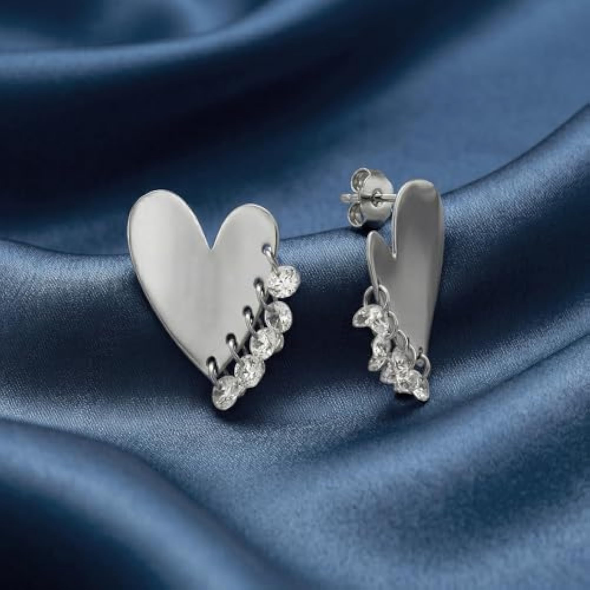 Women's Pure 925 Silver Dangling Stone Heart Stud Earrings