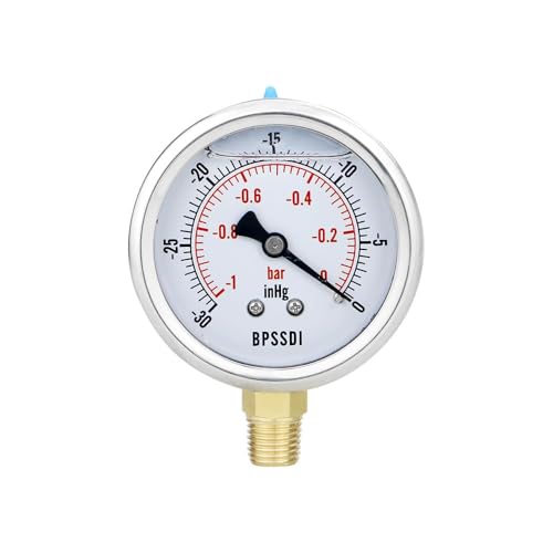 BPSSDI 30 inHg Vacuum Silicone Oil Liquid Filled Low Pressure Gauge, 2.5" Dial Size, 1/4" NPT Lower Mount, 304 Stainless Steel Case, for Water Pipe, HVAC, Water Oil Air Pressure Test