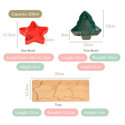 Image of Nestasia Set of 3 Holiday Ceramic Snack Bowls with Bamboo Tray | Star & Tree Shaped, Dishwasher-Safe, Eco-Friendly, Festive Serving Dishes | Ideal for Appetizers, Treats, Snacks, Sweet, Dip & Gifting