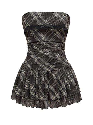 GORGLITTER Women's Plaid Strapless Layered Mini Dress Y2k Checkered Bubble