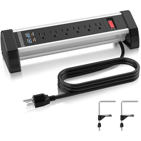 QBA Desk Clamp Power Strip USB C PD 20W, 6 Outlet Desk Mount Power Station Removable Clamp Socket with 6FT Extension Cord, Desktop Power Hub for Home Office, Black Cover