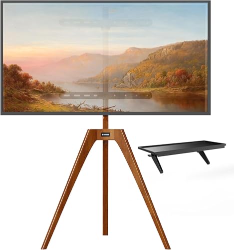 PUTORSEN Easel TV Stand Tripod for Universal TV 45-65 inch, Solid Beech Wood TV Floor Mount Stand with Media Shelf, Height Adjustable and 45 degree Swivel, Max VESA 400x400mm and load 88lbs