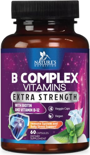 B Complex Vitamins Capsules - Super Complete B-100 Complex with Vitamin B12 B6 C Biotin Folate & Folic Acid for Immune & Energy Support - Supplement for Heart, Brain, & Nerve Support - 60 Capsules