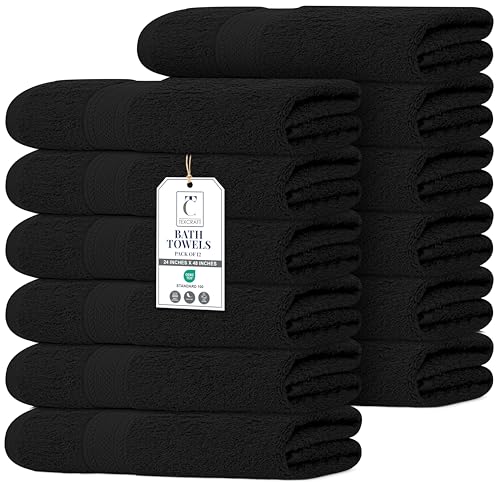 TEXCRAFT Commercial Bulk Pack of 12 Bath Towels – 100% Cotton Terry 24" x 48" – Ideal for Hotels, Salons, Gyms, Spas & Institutional Use – Black