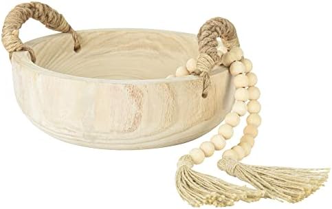 AllReal Paulownia Wood Bowl Rustic Wooden Dough Bowl for Decor Decorative Round Serving Key Bowl with Rope Handle and Wood Bead Garland for Tabletop Centerpiece Home Decor 9.5 inches