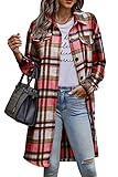 PRETTYGARDEN Women's Plaid Shacket 2024 Long Sleeve Button Up Flannel Shirt Winter Tartan Jacket Woolen Coats (Red,Large)