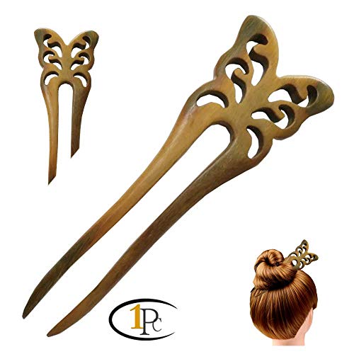 FINGER LOVE Handmade Carved 2-Prong Wooden Hairpin vintage Chopsticks Chinese Decorative Accessory Wood Hair Stick Butterfly Green Sandalwood