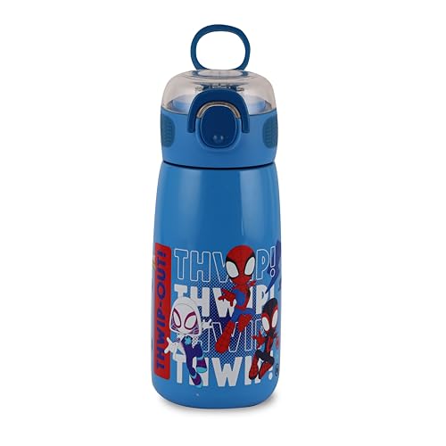 Image of Cello Kidzbee Flare 450 Insulated Stainless Steel Sipper Water Bottle 444 ml, Blue | Web Warriors Cartoon Design Hot & Cold Bottle | Vacuum Insulated Leakproof Easy to Carry Water Bottle for Kids