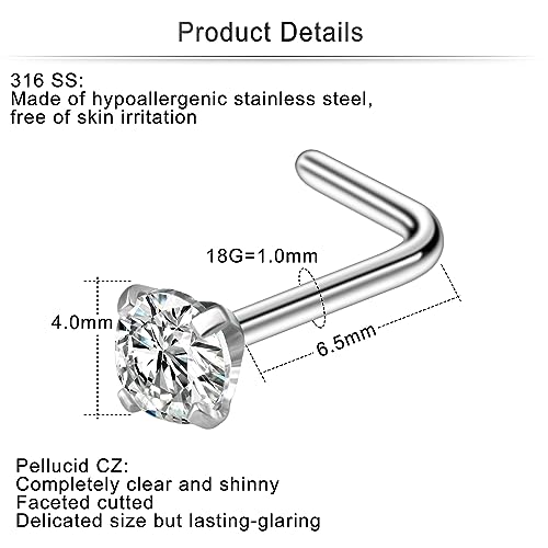 Cisyozi 18G Nose Rings Studs Hypoallergenic Nose Piercings 316L Surgical Steel Silver Nose Rings Set L Shaped Nose Nostril Piercing Jewelry for Women Men Diamond CZ 1.5mm 2mm 2.5mm 3mm 3.5mm 4mm3