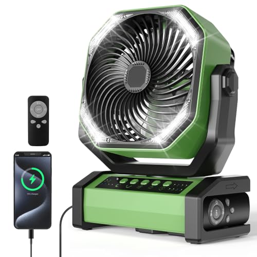 Ventilador de camping de 20000 mAh con luz LED, batería recargable, temporizador, control remoto, 4 velocidades ajustables, ventilador de escritorio portátil USB para exteriores, picnic, viajes,