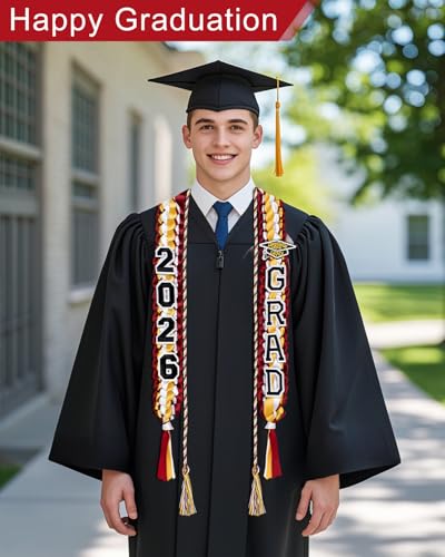 Image of Yigney Graduation Lei Set Class of 2026 Grad Ribbon Leis with Honor Cord Double Braided Graduate Leis for Men Women Red Gold White