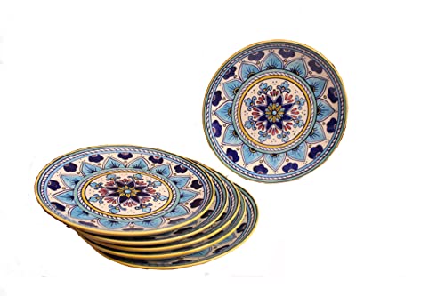 Image of Ceramic Plate Set,10 inches - Set of 6 Large Size Dinner Plate for Snacks, Appetizers etc. Handmade Stoneware Dinner Plate (Blue) (Multi Floral)