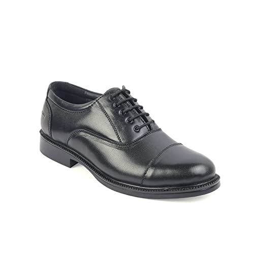 Image of XHUGOY Medium Range Police Oxford Complete-Leather Shoe for Men in Black N TAN (RED) Colour