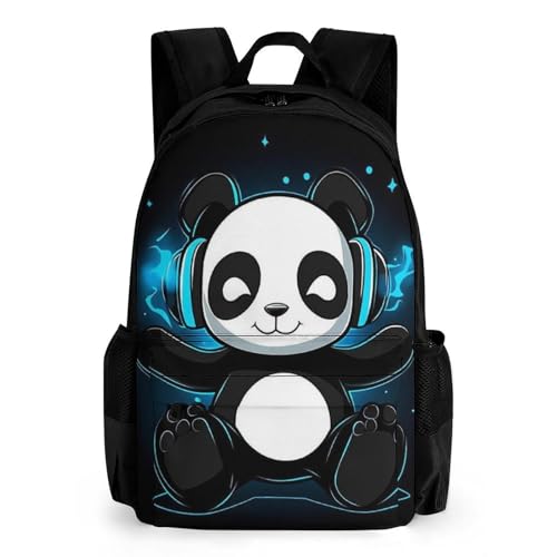 Daypack Bookbag Anti-Theft Multipurpose Large Capacity Bookbag - Black And White Panda Animal Headphones Music Cute Panda Travel Hiking & Camping Rucksack With Adjustable Shoulder Straps