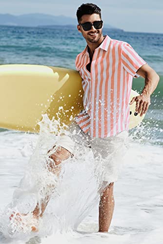 JMIERR Men's Casual Stylish Short Sleeve Button-Up Striped Dress Shirt Cotton Beach Shirts
