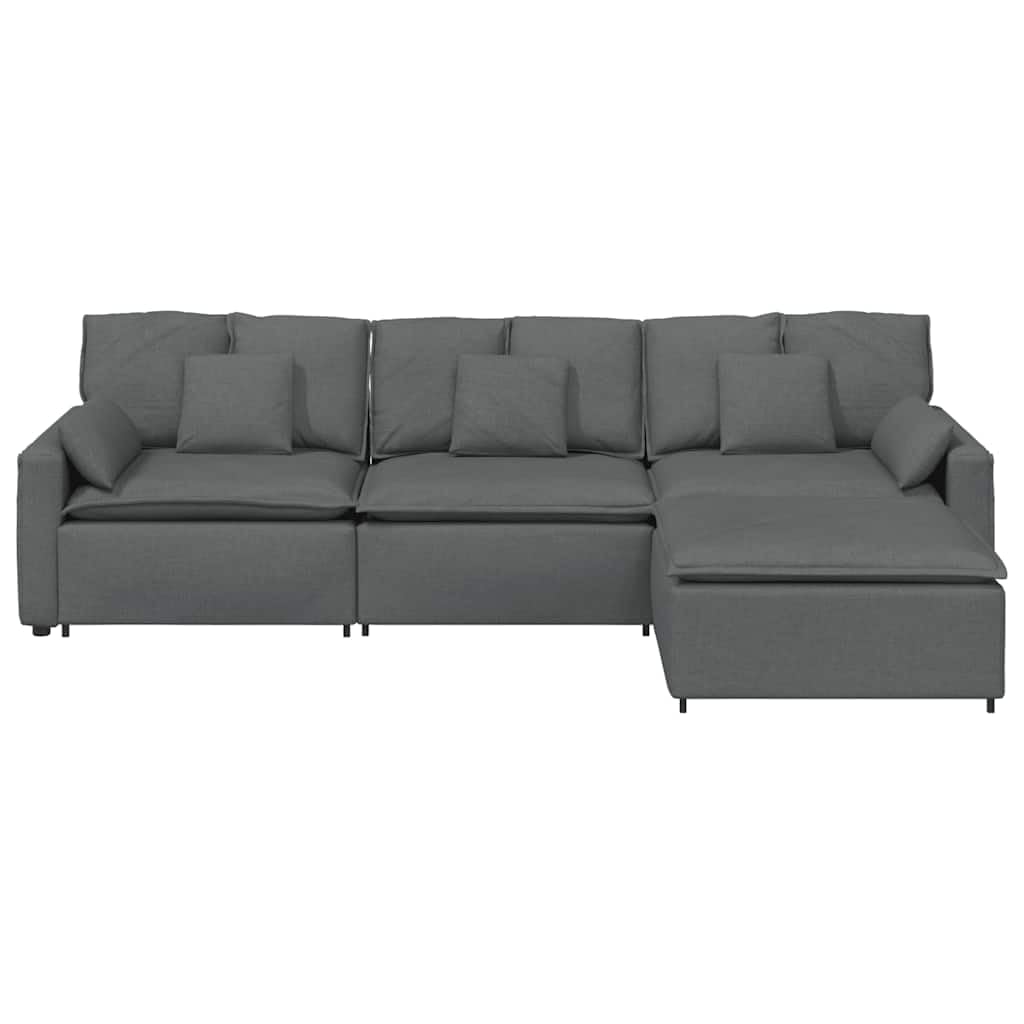 Sofá modular con reposapiés y cojín, color gris oscuro, acolchado de tela, 324 x 205 x 64 cm, sofá de 4 piezas con estructura de metal resistente, sofá modular versátil para salón y salón