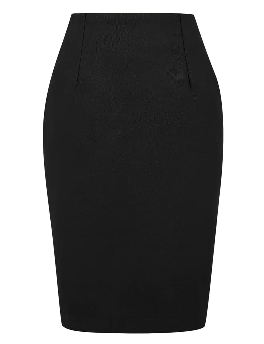 IDEALSANXUN Midi Plaid Skirts for Women 2023 Fall Winter Knee Length Pencil Wool Skirt with Slit, Pure Black, L