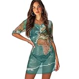 Jekioweii Vestido de playa para mujer, vestido de malla transparente, manga corta, camiseta de verano, Mapamundi, Large