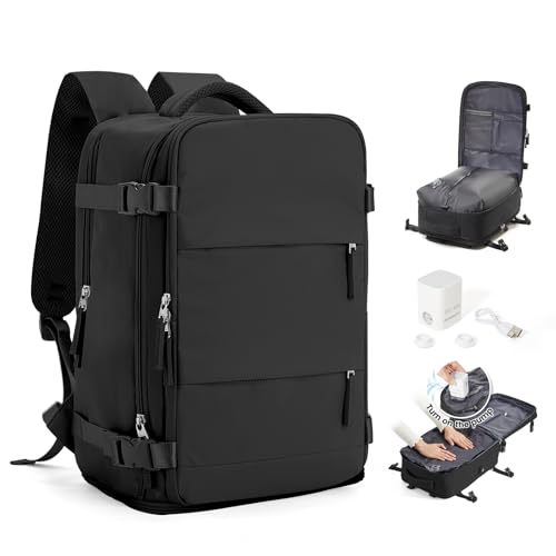 Mochila Viaje Cabina Avion 40x30x20 para Ryanair Mochilas de Vacío con Bomba Bolsa de Cabina Easyjet Equipaje de Mano para Mujer Mochila de Senderismo Mochila Impermeable Cabina Mochila,A01-Negro