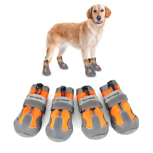 Dog Shoes for Large Dogs,Waterproof Dog Boots for Hot Pavement,Winter Snow,Anti-Slip Dog Booties with Ajustable Buckle,Paw Protector with Reflective Strap for Outdoor Hiking(XL,Orange) Dog Shoes for Large Dogs,Waterproof Dog Boots for Hot Pavement,Winter Snow,Anti-Slip Dog Booties with Ajustable Buckle,Paw Protector with Reflective Strap for Outdoor Hiking(XL,Orange)