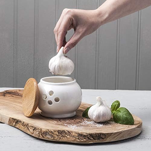 WM Bartleet & Sons 1750 Traditional Porcelain Garlic Storage Pot with Wooden Lid 10cm  White, One Size