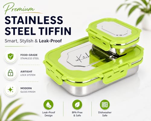 Image of Insulated Stainless Steel Lunch Box Combo Set 800ml with Airtight Leak-Proof Clip Lock Lid, Durable (Green Tiffin with Bottle)