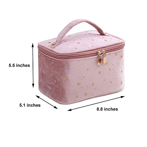 Hoyofo Velvet Makeup Bag With Handle Cosmetic Bags With Makeup Brush Holder Travel Make Up Bag For Women, A Pink #TOP4