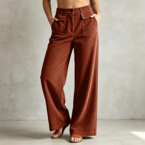 Corduroy Pants Women Wide Leg Fall Button Waist Trouser with Double Pocket - image 2